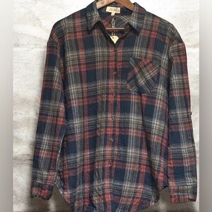 NWT LOVE NOTES PLAID WOMENS SHIRT NAVY RED & GRAY SIZE MEDIUM